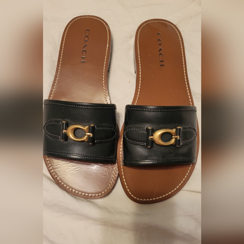 Coach Black Leather Slide Sandals with Gold Horsebit Accent